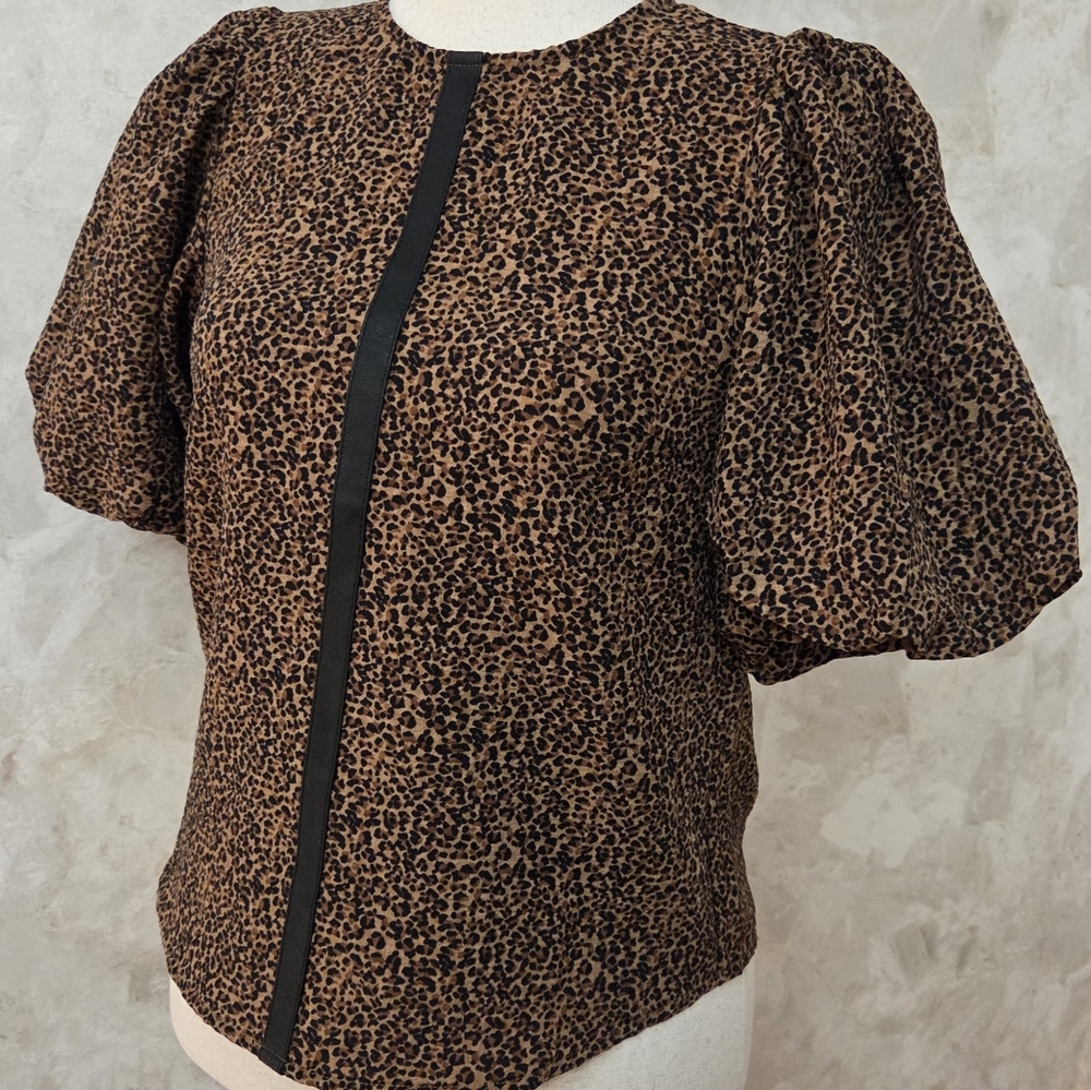 THML Leopard Print Puff Sleeve Blouse Faux Leather Trim XS - Picture 7 of 12